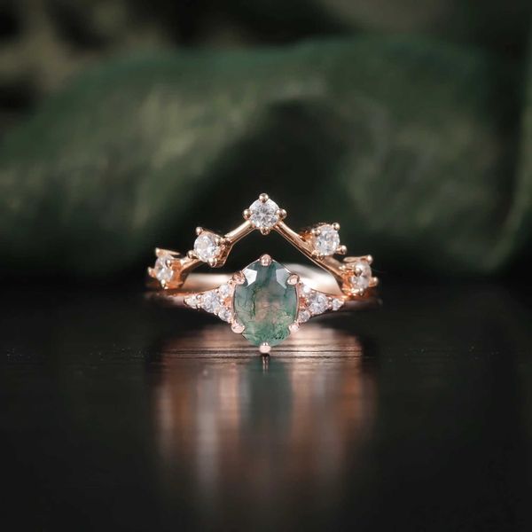 Кольца Band Rings Gem's Ballet Vintage Moss Agate Ring Set 925 Стерлинговое серебряное обручальное кольцо Уникальное Chevron Cluster Bridal Shardal Set Set Ringl240105