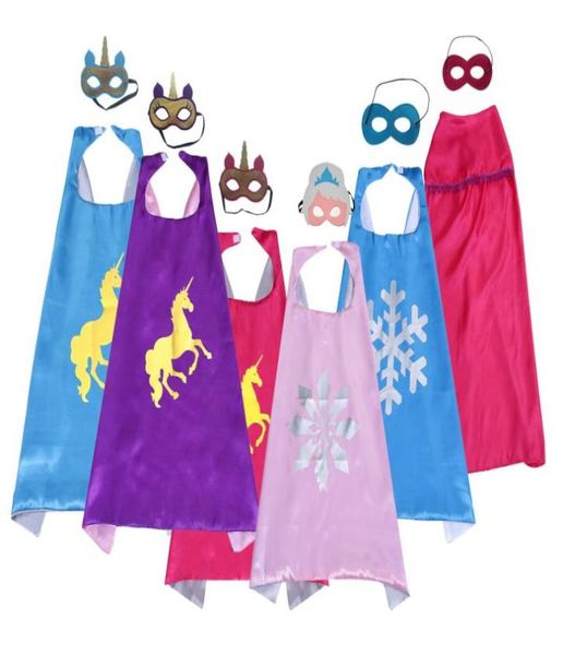 Multistile doppio strato Unicorno Supereroe Mantello e maschera set 7070CM bambini Bambini Satin Fancy Dress Costumi cosplay di Halloween Pa3112580