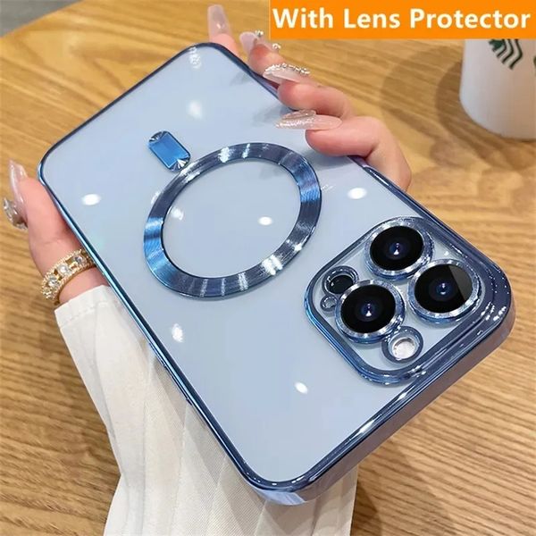 Magnetische Kameraobjektivschutz-Handyhüllen für iPhone 15 14 13 12 11 Pro Max Samsung S24 S23 Plus Ultra Clear Plating Soft TPU Cover Case