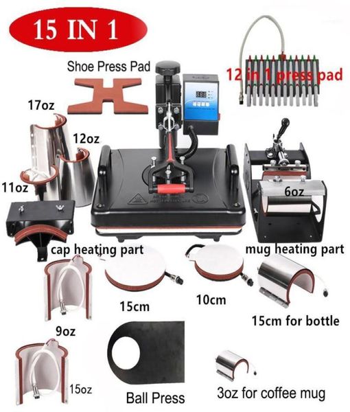 Impressoras 15 em 1 Máquina de prensa térmica Pen BottleHatMugPlate Sublimação Digital Máquina de transferência semiautomática17303314