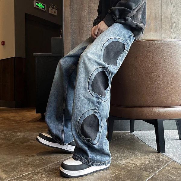 Jeans masculinos hip hop moda rasgado baggy homens americano y2k vintage design retalhos denim calças oversized streetwear calças largas perna