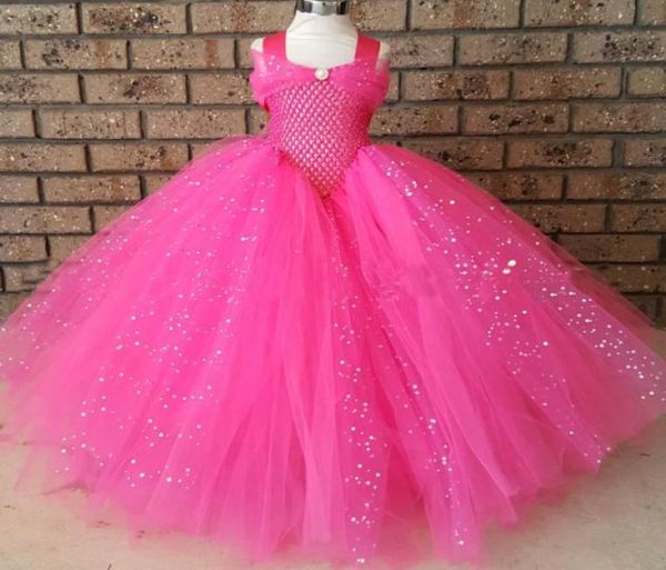 Meninas rosa glitter tutu vestido crianças crochê brilho tule vestido de baile longo crianças festa aniversário traje vestido princesa f6103778