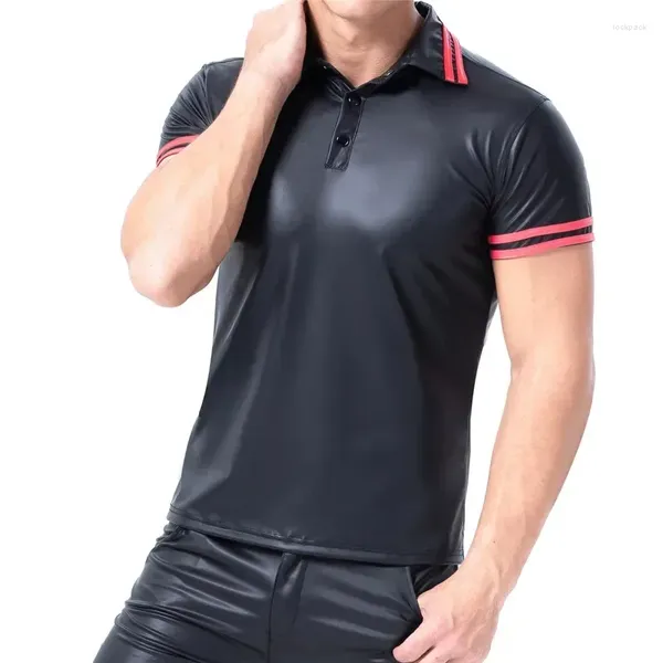 Мужские футболки, модная мужская футболка из искусственной кожи, футболка с отложным воротником и короткими рукавами, сексуальная мужская одежда из искусственной ночного клуба, уличная одежда