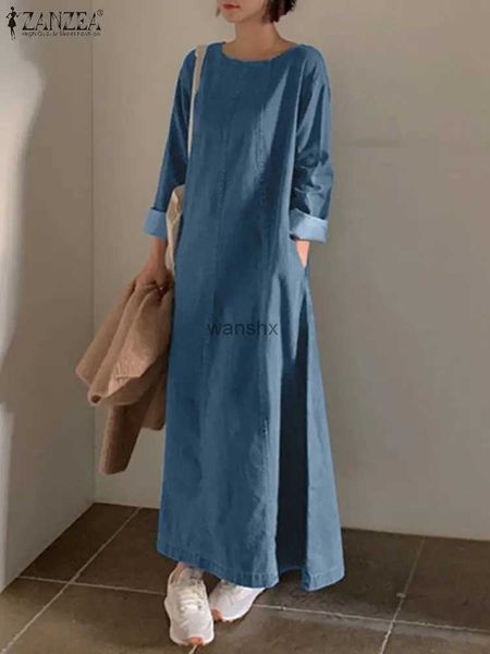 Temel gündelik elbiseler zanzea moda partisi denim elbise uzun kol o yaka katı elbiseler kadın rahat güneş sundress zarif iş ol vestidos büyük boy240105