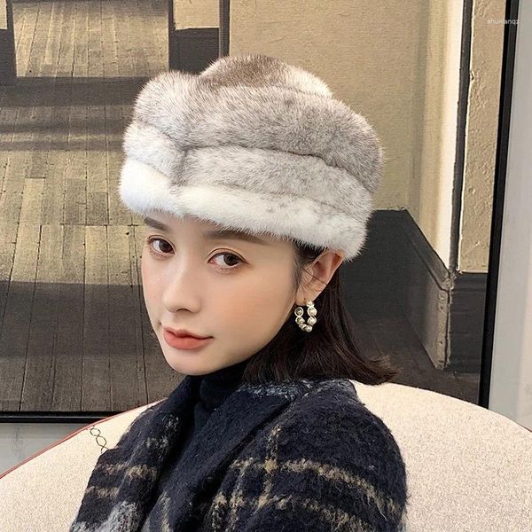 Berretti da donna di lusso in pelliccia ispessita cappello di paglia design pieghettato visone premium top invernale antivento per esterni