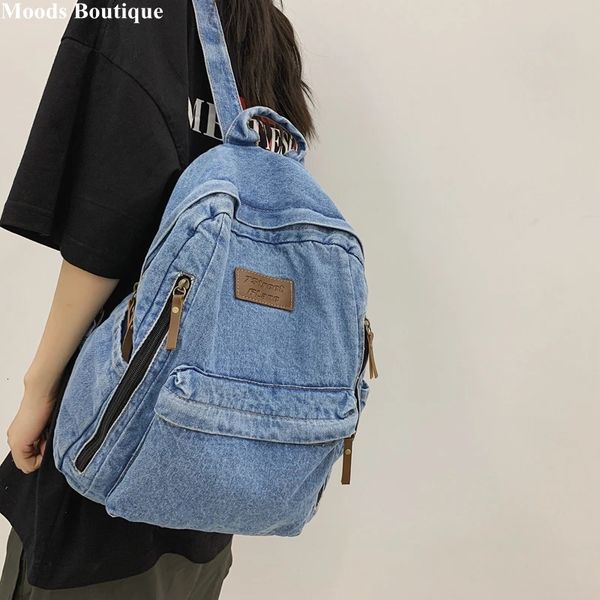 Jeans lavados moda mochilas para mulheres mais recentes tendências estudante saco de escola multi bolsos grande capacidade azul mochila 240106