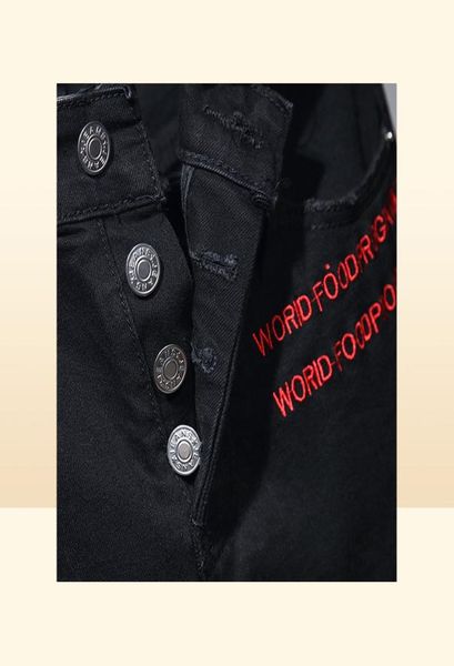 Europese en Amerikaanse stijl zwarte spijkergaten Men039s Jeans Slim Stretch Letterborduurwerk Denim broek Pantalons Pour Hommes3767473