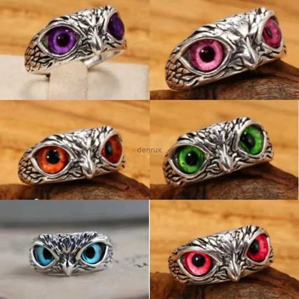 Ringas de banda Novo encantador design de moda coruja anéis multicolor olhos prateados para homens homens punk gótico aberto anel ajustável jóias de partido presentel240105