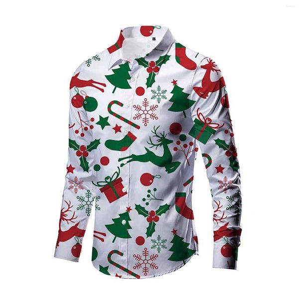 Männer Casual Hemden Hemd Für Herren Weihnachten Herbst Druck Hawaii Tops 2024 Navidad Geschenk Männlich Langarm Hombre