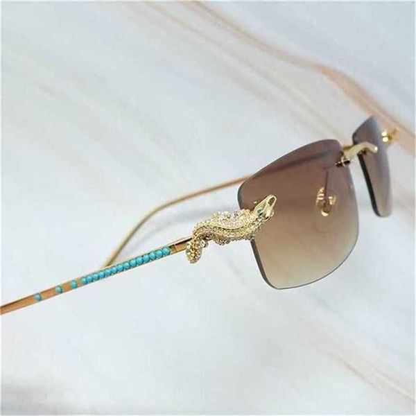 18% de desconto óculos de sol luxo dourado corcodilo sem aro carter moldura strass óculos de sol feminino azul marca designer menkajia novo