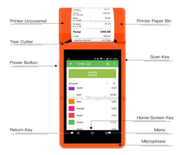 Pda wifi bluetooth 4g pda android 60 leitor de código de barras 1d impressora térmica de recibos 58mm terminal portátil para r5994324