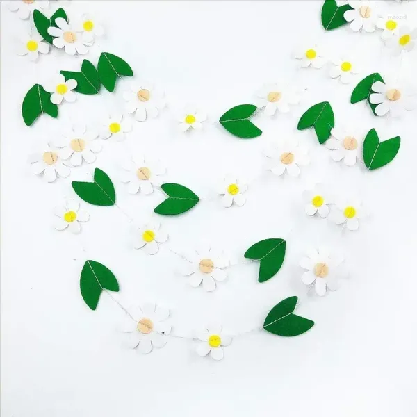 Decoração de festa primavera branco verde aniversário decoração sentiu margaridas guirlandas flores banner com folhas artesanato artificial falso