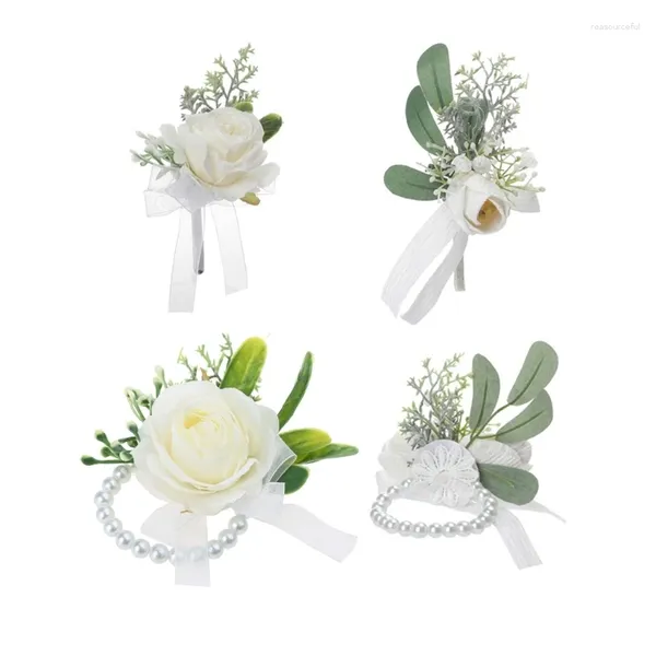 Dekorative Blumen im Freien Hochzeit künstliche Rose Handgelenk Corsage Wristlet Boutonniere mit grünen Blättern Party Prom Armband Brosche Pin