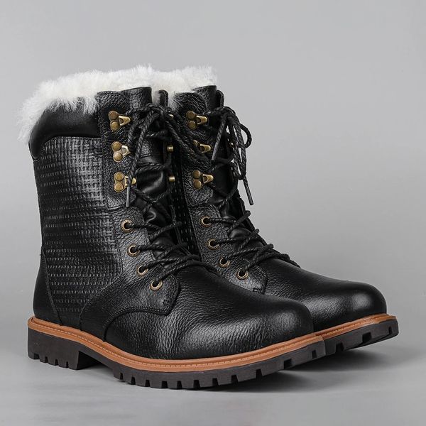 Botas de inverno feitas à mão de lã natural mais quentes botas de neve de couro genuíno homens sapatos de inverno 240106