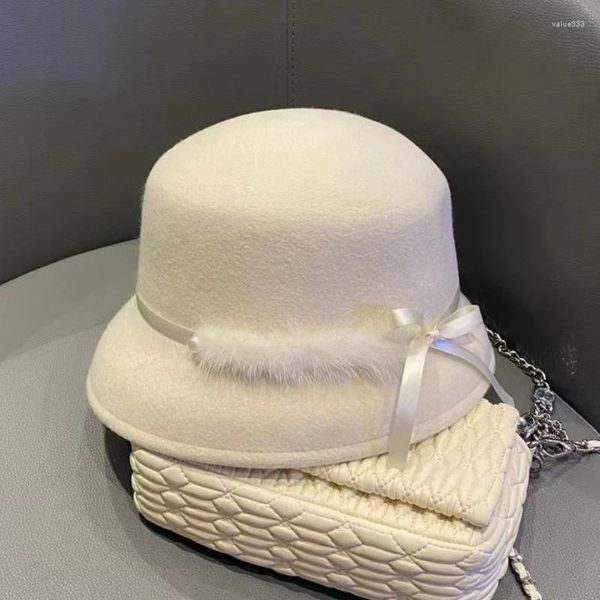 Berretti Stile di design di nicchia Visone bianco Fiocco per capelli Cappello da pescatore Retro Heben Senior Top Paralume per banchetti alla moda da donna