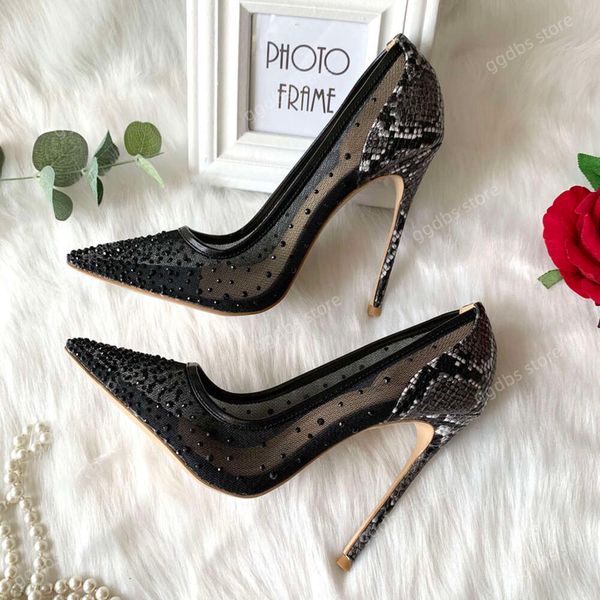 Casual Designer sexy lady moda donna scarpe Nero cristallo maglia punta punta tacchi alti stiletto spogliarellista sposa pompe da sposa 12 cm 10 cm 8 cm taglia grande 42