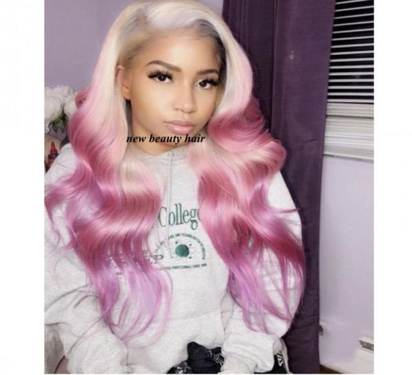 Novo estilo cosplay raízes loiras rosa peruca dianteira do laço brasileiro sintético com cabelo do bebê onda do corpo pré arrancado ombre peruca de renda para wo5966806