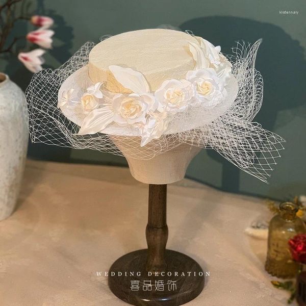 Berretti Sposa Po Shoot Cappello Copricapo Elegante Velo per il viso Fiore Fedora Design di lusso francese Grande matrimonio formale piatto da donna