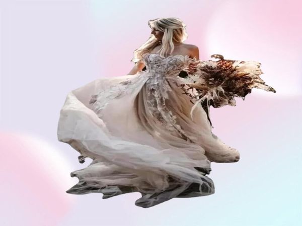 Rückenfreies Spitzen-Boho-Hochzeitskleid mit 3D-Applikationen, Sommer-Strand-Brautkleid, schulterfrei, Tüll, Outdoor, Damen-Hochzeitskleider 1084386