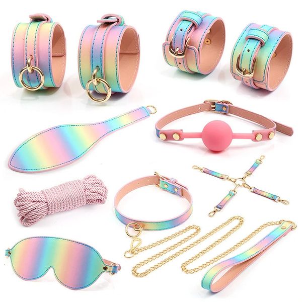 Luxuriöses Regenbogenfarben-BDSM-Bondage-Set, Fesseln-Set, Handschellen, Augenbinde, Mund, Ballknebel, Hogtie-Bondage-Seil, erotische Sexprodukte 240106