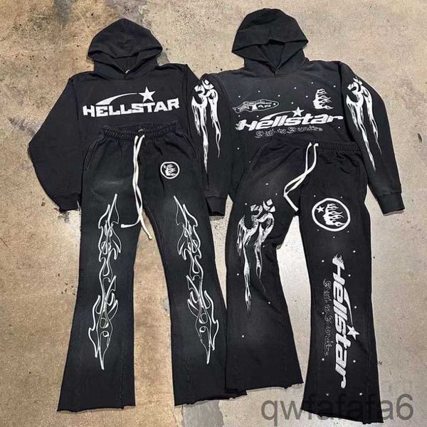 Rock hip hop sokak kaputu seti yıkanmış alev mektubu baskı kapüşonlu kazak erkekleri kadınlar büyük boy cehennem yıldız sweatshirt t qa2p