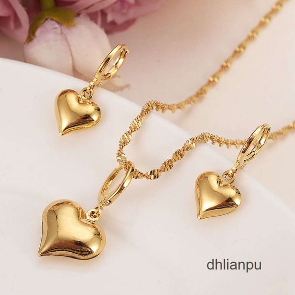 Collana di design in oro massiccio giallo 24 k riempito con ciondolo a forma di cuore adorabile, collane, orecchini, set di gioielli per ragazze e donne, regali, ciondoli fai da te