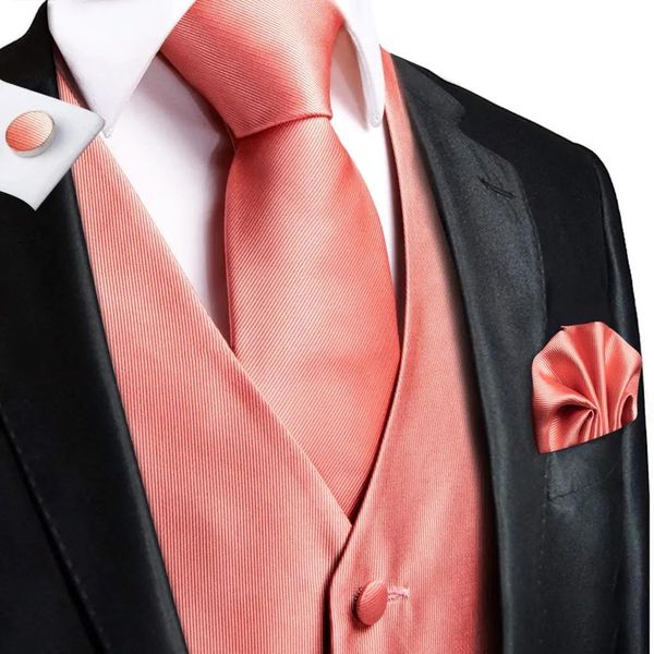 Coletes Hitie Coral Rosa Sólida Seda Mens Slim Colete Gravata Conjunto para Terno Vestido Casamento 4 PCS Colete Gravata Hanky Cufflink Set