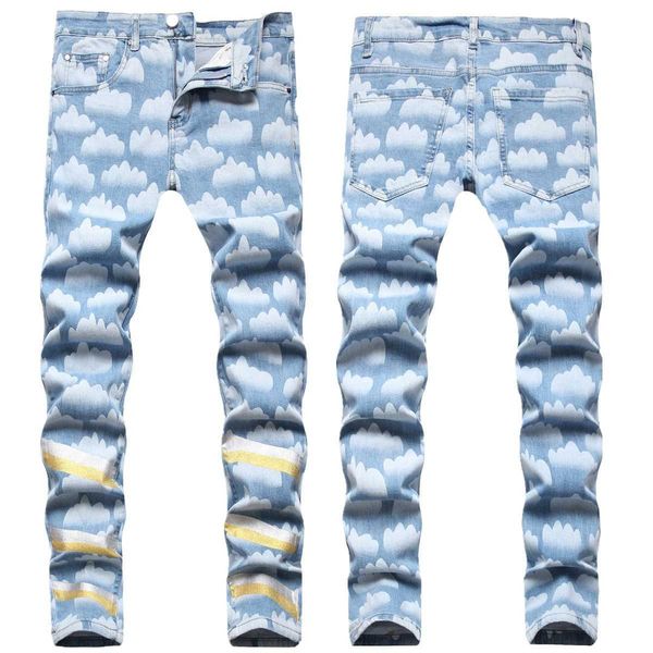 Jeans masculinos hip hop vento azul céu branco nuvens impressas ouro e prata pintado à mão magro elástico pequeno reto