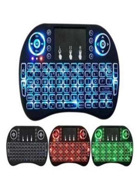 Novo fly air mouse 2.4g mini i8 teclado sem fio retroiluminado com luz de fundo vermelho verde azul controle remoto teclados 1 peça lote3749454