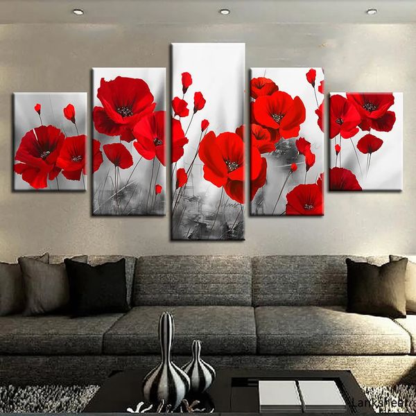 1 Stück Leinwand, gedruckte Bilder, Wohnzimmer, Wandkunst, Rahmen, romantische Mohnblumen, Gemälde, rote Blumen, Poster, modulare Heimdekoration, 240106