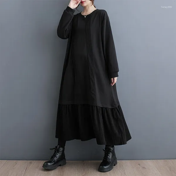 Sıradan Elbiseler Kore Japon Koyu Siyah Stil Patchwork kadife Vintage Sonbahar Kış Fırıltı Elbise Moda Kadınlar Bahar Dış Giyim