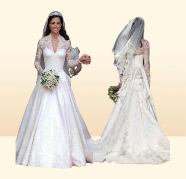 Потрясающие свадебные платья Кейт Миддлтон Королевские скромные свадебные платья Кружева с длинными рукавами и оборками Соборный шлейф на заказ High Quali1262102