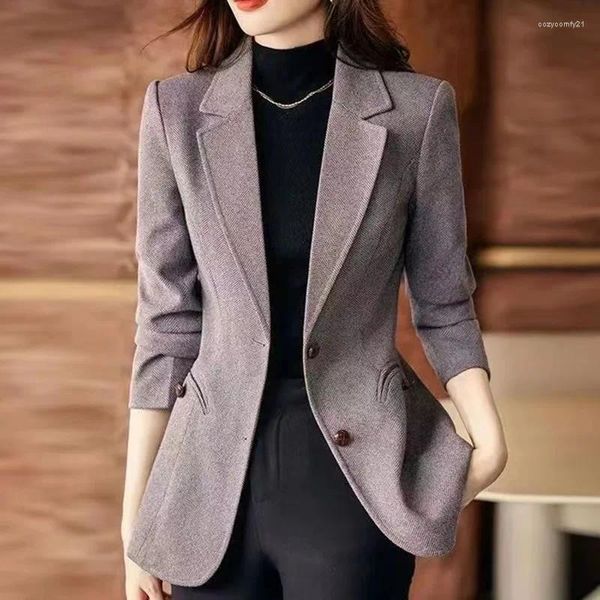 Ternos femininos 2024 outono inverno espinha de peixe blazer feminino fino escritório senhoras blazers casaco curto feminino clássico casual outwear topos