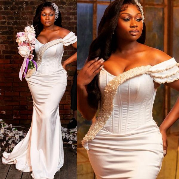 Plus Size Aso Ebi Brautkleider für die Braut, Meerjungfrau, schulterfrei, Satin, Perlen, Brautkleider für afrikanische arabische Ehe, schwarze Frauen, Nigeria, Mädchen, CDW189