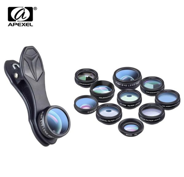 APEXEL 10 em 1 Kit de câmera de telefone Fisheye Grande Angular macro CPL Filtro Caleidoscópio e 2X telescópio para smartphone lens6495828