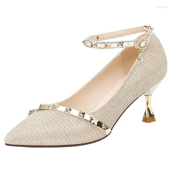 Scarpe eleganti 2024 Donne eleganti Comode pompe con strass Signore di moda Tacco quadrato medio Mujer Ufficio Lucido Nastro d'oro Calzature