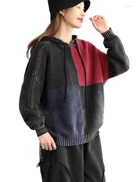 Maglioni da donna QPFJQD 2024 Inverno Vintage Allentato Pullover con cappuccio Donna Retro Lavorato a maglia per il tempo libero Donna Classico Caldo Maglione oversize