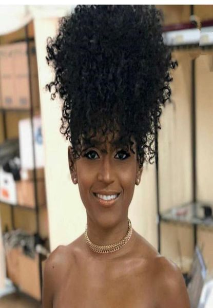 Afro puff cordão rabo de cavalo para mulheres negras afro-americano curto afro kinky encaracolado envoltório remy extensões de cabelo humano com clipes 5850489