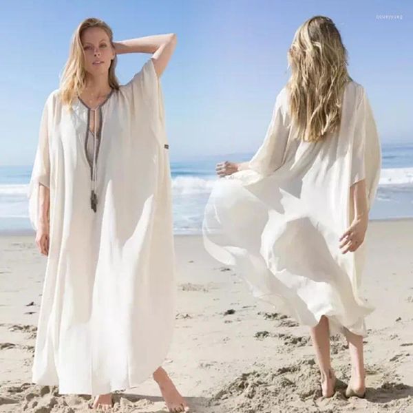 Vestidos de festa mulheres roupas de praia biquíni cobrir roupa de banho 2024 verão boêmio vestido branco túnica maxi robe de plage