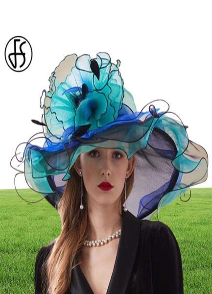 Fs rosa organza kentucky derby chapéu para mulheres aba larga praia grandes chapéus de sol flores elegantes senhoras casamento igreja festa fedoras 21038609448