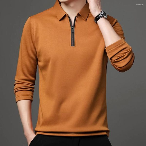 Polos masculinos outono casual cor sólida manga longa t-shirts 1/4 zip lapela colarinho esportes homem topos pullovers fino ajuste