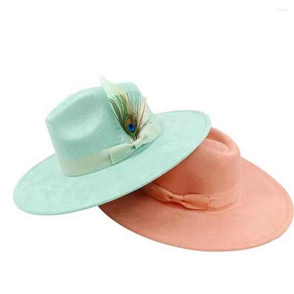 Berretti Cappelli Fedora in pelle scamosciata per uomo e donna Accessori con fioccoCappelli colorati retrò a tesa largaPanama jazz