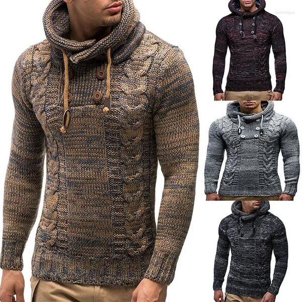 Suéteres masculinos 2024 Europeu e americano de malha Outerwear Outono Inverno Oversized High Neck Hooded Sweater