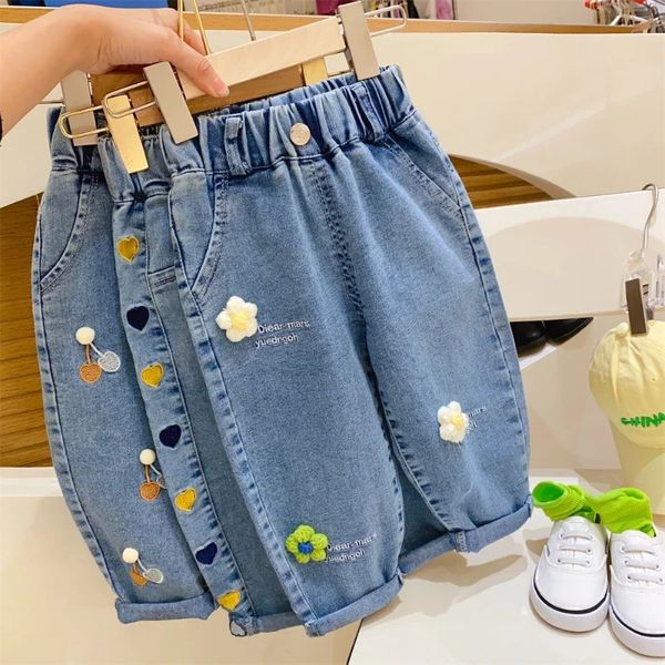 Mädchen Blumen Dreidimensionale Muster Gedruckt Jeans Frühling Herbst Kinder Casual Elastische Taille Denim Hose Baby Hosen 240106