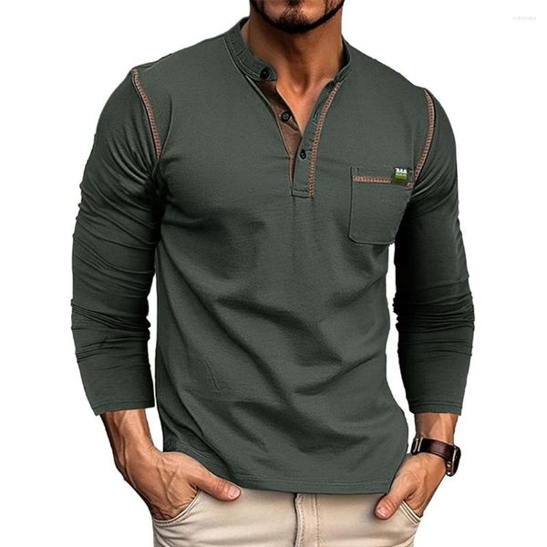 Männer Polos Herbst Casual Langarm Henley Kragen T Shirts Tops Kontrast Farbe Tasche Button Up Muscle T-shirt männlich