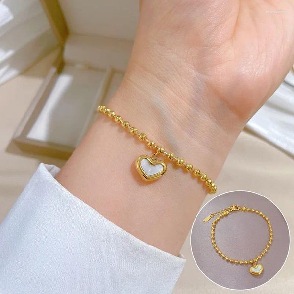 Braccialetti con ciondoli Acciaio inossidabile Romantico Semplice Conchiglia Ciondolo a cuore d'amore per donna Ragazza Oro Argento Perline Colore Catena Accessori a mano