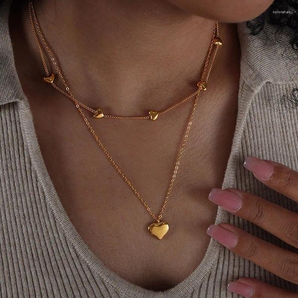 Anhänger Halsketten Mode Doppelschicht Herz Kette Frauen Halskette 18 Karat vergoldet Edelstahl Halsreifen Wasserdicht Schmuck Geschenke