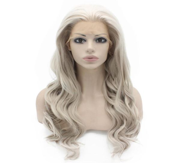 Lang Golvend Hand Lang Golvend Grijs Blond Handgebonden Synthetisch Haar Natuurlijk Lace Front WiLace Front Synthetisch Haar Violet Paars Kostuum2729304