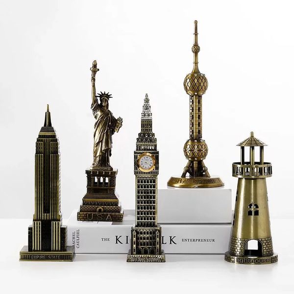 Metal 3d mundialmente famoso arquitetônico bronze artesanato modelo de construção decoração para casa torre eiffelestátua da liberdadeimpério estado estátua 240106