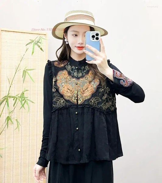 Etnik Giyim 2024 Çin Vintage Gilet Ulusal Çiçek Nakış Vest Tang Takım Saten Jacquard kolsuz ceket yelek